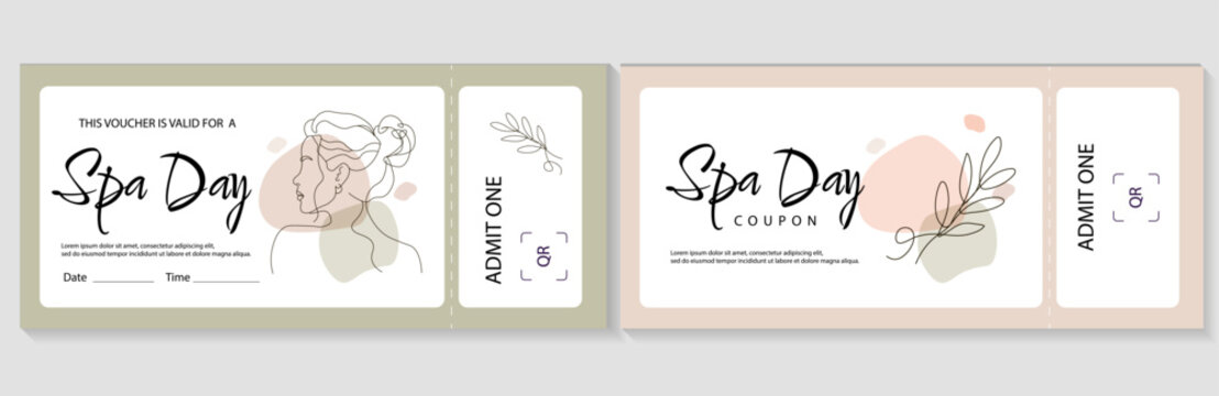 Spa voucher template set. Two horizontal elegant spa day coupons with minimalist woman line art and botanical branch drawings. Pastel vector layouts for beauty salon, wellness, or massage gift pass.