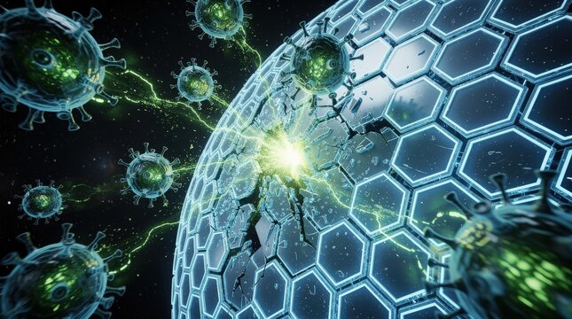 A futuristic digital shield repels virus-like particles in a high-tech sci-fi environment, symbolizing protection against cyber or biological threats.