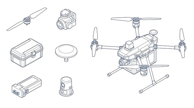 Isometric drone components collection with quadcopter assembly and essential accessories outline set
