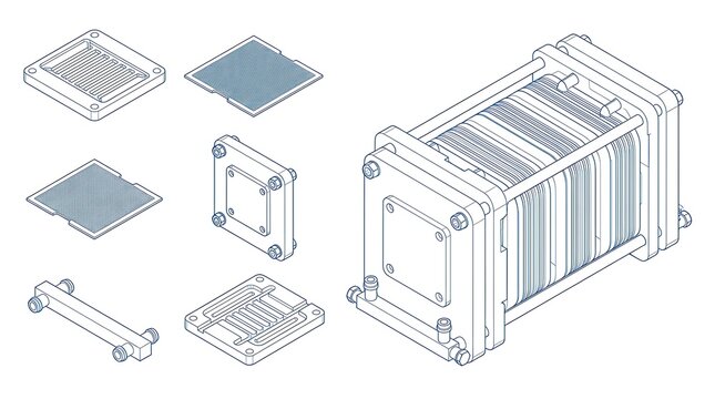 Hydrogen fuel cell stack components and assembled unit isometric technical illustration set
