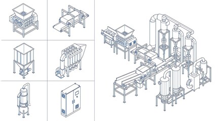 Fototapeta premium Industrial processing plant machinery isometric line art schematic set with illustrations