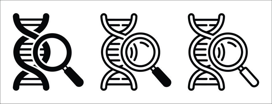 DNA analysis icon, vector silhouette with outline and line art for genome sequencing, medical research, biotechnology, laboratory science, and healthcare designs.