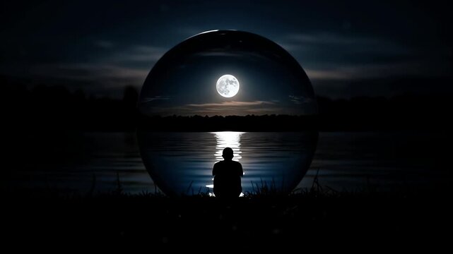 Watching beautiful full moon and dark lake landscape through clear glass ball on shore where lonely person silhouette sits quietly enjoying calm night view under dramatic starry sky environment