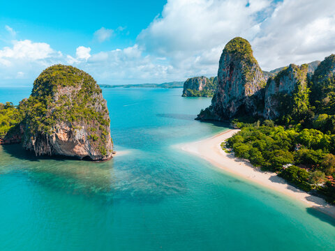 Dramatic limestone cliffs at Phra Nang beach in Krabi from above