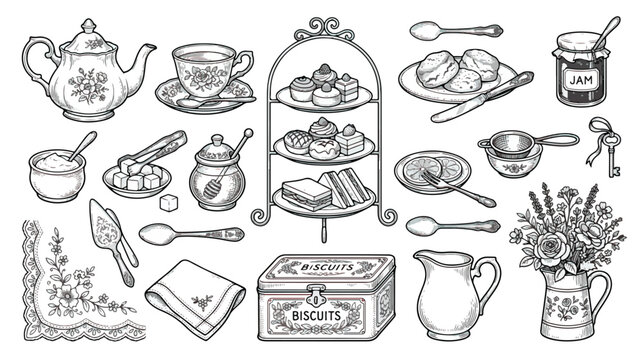 Vintage afternoon tea vector set, hand drawn line art of teapot, scones, and tiered cake stand, classic British high tea party elements for invitations