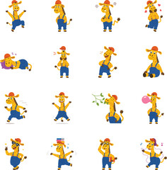 Fototapeta premium Collection of playful giraffe emotions, actions, daily activities, learning moments, and expressive poses in a cute cartoon vector icon style. 