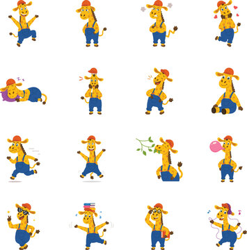 Collection of playful giraffe emotions, actions, daily activities, learning moments, and expressive poses in a cute cartoon vector icon style. 
