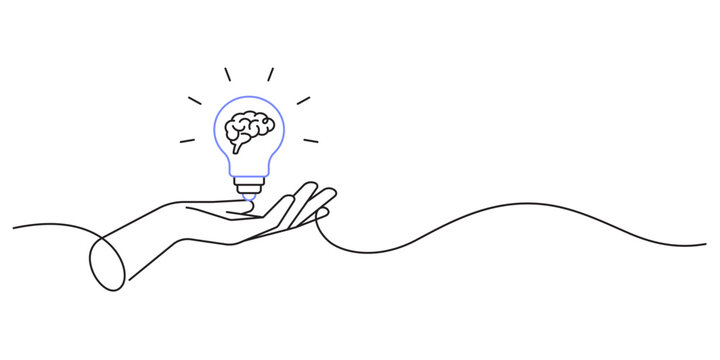 hand showing lightbulb creative solutions brainstorm single line illustration. hand holding bulb constructive solution ideas icon symbol minimalist line art copy space