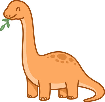 Cute Brontosaurus Dinosaur Eating Green Leaves Cartoon Style