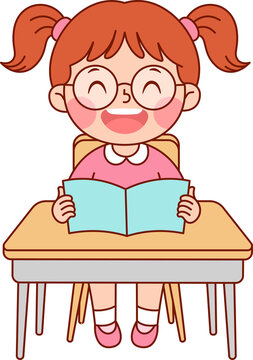 Cheerful School Girl Reads Book at Desk Cartoon Illustration