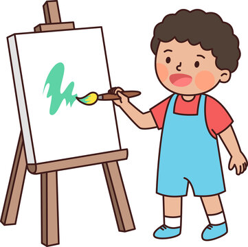 Young Boy Painting Green Art on Canvas Easel Fun Creative Activity