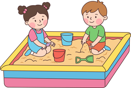 Children Playing Joyfully Together in a Colorful Sandpit with Buckets and Toys