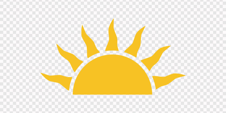 Solar icons. Set of sun images on a white background. Solar symbols vector, Yellow sun icon set, sunshine and solar glow, sunrise or sunset. Decorative circle full and half sun and sunlight. Hot solar