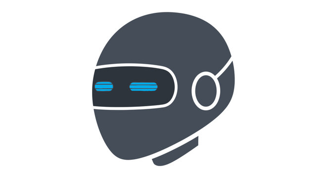A stylized illustration of a futuristic robotic head with glowing blue eyes