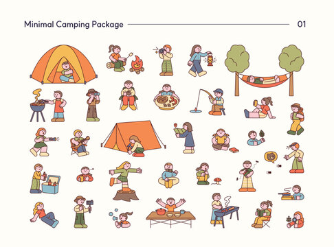 Minimal vector camping character collection featuring outdoor activities, hiking, fishing, barbecue, campfire, tents, and nature adventures.