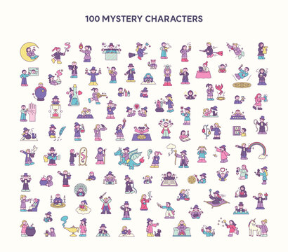 Minimal vector collection of 100 mystery and fantasy characters featuring wizards, witches, magicians, fortune tellers, spells, and magical scenes.