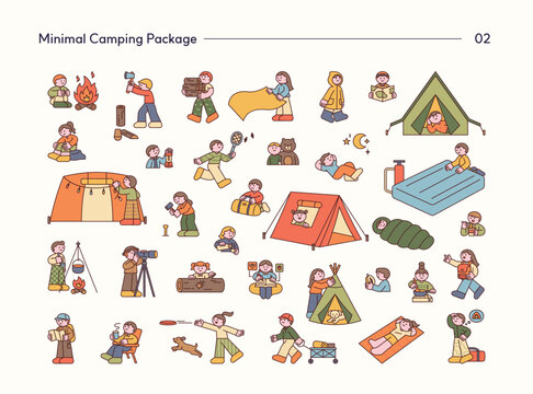 Minimal vector camping character collection featuring tent setup, campfire, hiking, outdoor cooking, sleeping bags, nature, and camping adventures.