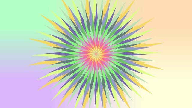 motion graphic featuring a multi-colored starburst design with sharp, geometric petals that expand and rotate against a soft pastel gradient background.