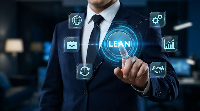 Businessman touching lean management concept button on virtual interface