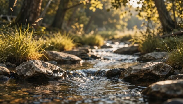 Golden Hour Sunlight Reflecting on Babbling Forest Creek