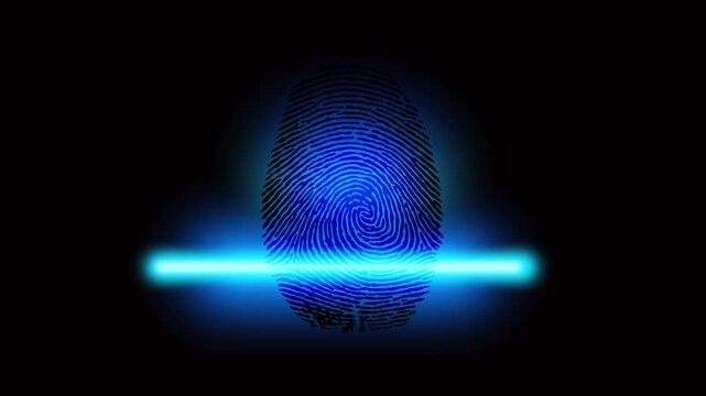 fingerprint ID Verification Loop Animation with Facial Recognition Scanner Symbol and Glowing Blue Laser Line, On a Transparent Background, 4k video.