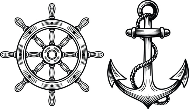 Vintage nautical vector icon set featuring hand drawn ship steering wheel and anchor symbols with rope illustrations