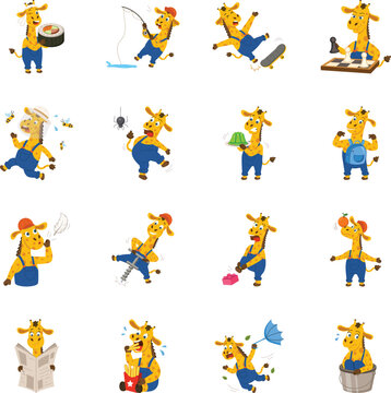Giraffe lifestyle icons covering food, sports, hygiene, celebrations, weather, hobbies, and daily routines in cartoon vector style. 
