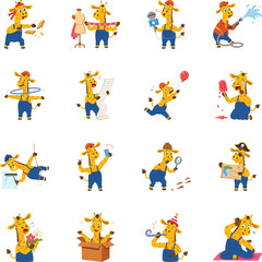 Fototapeta premium Fun giraffe adventures featuring creative work, exploration, games, celebrations, wellness, and everyday cartoon vector illustrations. 