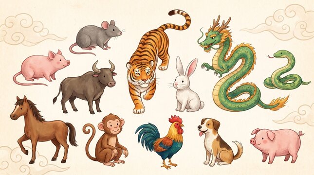 Illustration of the twelve Chinese zodiac animals including a rat, ox, tiger, rabbit, dragon, snake, horse, monkey, rooster, dog, and pig, depicted in a cartoon style.