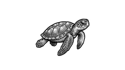 Detailed sea turtle woodcut illustration swimming. © reva