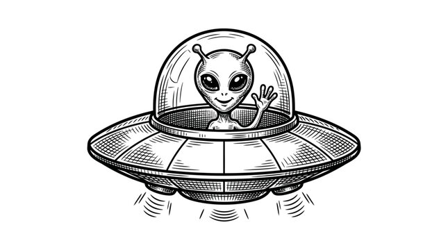 Extraterrestrial alien waving from flying saucer ufo engraving.