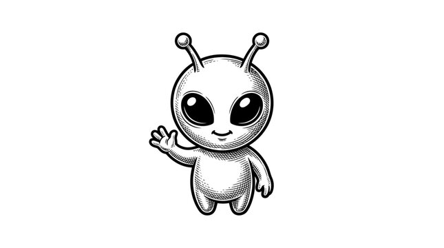 Friendly cartoon alien waving hand illustration