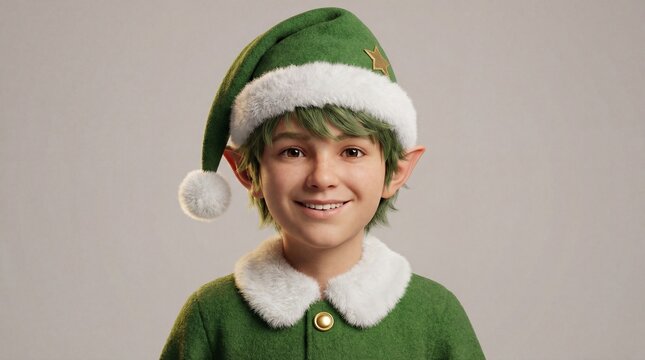 A young boy dressed as a festive Christmas elf with green hair and pointed ears smiles brightly at the camera.
