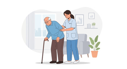 Fototapeta premium Nurse assisting elderly man with walking cane in cozy home setting