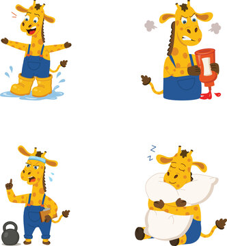 Small collection of giraffe icons showing weather gear, repair tools, thinking, sleeping expressions in cartoon vector style. 