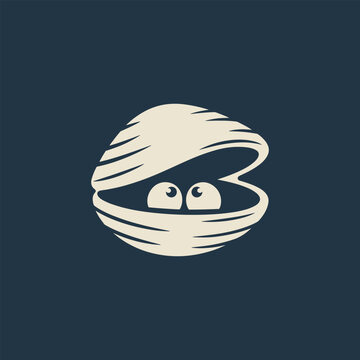 Cute cartoon clam with eyes peeking out of its shell