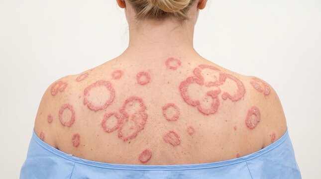 Back view of female upper back and shoulders with multiple large circular tinea corporis lesions