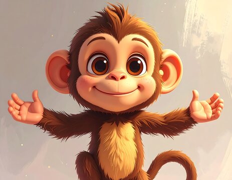 A cheerful cartoon monkey with brown fur and a long tail stands on its hind legs with arms outstretched