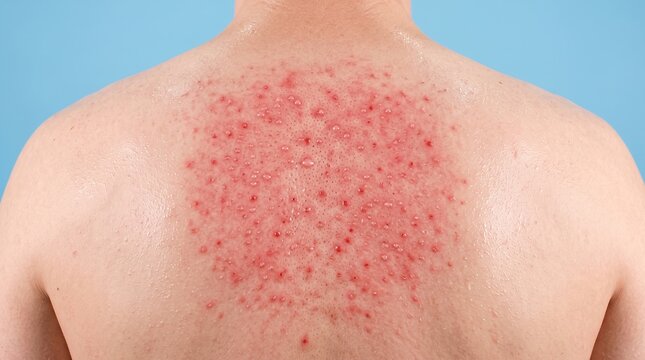 Back view of young man torso with red sweating rash and miliaria rubra heat rash