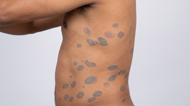 Side profile of male torso with multiple circular hyperpigmented patches of tinea versicolor