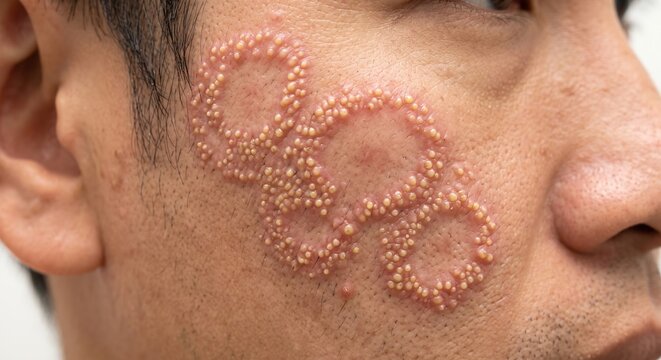 Close up of man cheek skin affected by concentric ringed papules of granuloma annulare