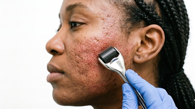 Side view of black woman face undergoing microneedling derma roller therapy for acne scars