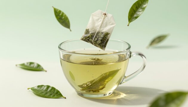 Green Tea Bag Being Dunked into Transparent Glass Cup