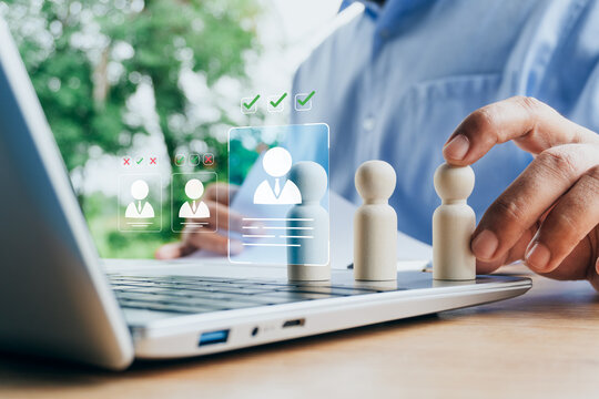 Digital recruitment and candidate selection process with wooden human figures, HR evaluation, talent acquisition, employee screening, online hiring management, and workforce recruitment technology