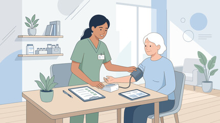 Fototapeta premium Nurse taking senior patient's blood pressure in clinic setting, healthcare concept