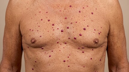 Naklejka premium Front view of senior male torso covered with multiple cherry angiomas or red moles