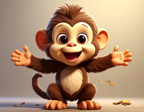 A cheerful cartoon monkey with brown fur and a white chest stands on a gray surface with a warm glow in the background