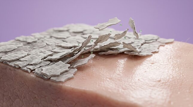 3D scientific rendering of dry dead skin cells shedding from stratum corneum layer
