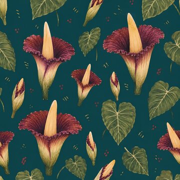 Hand Drawn Titan Arum Tropical Seamless Pattern with Botanical Leaves