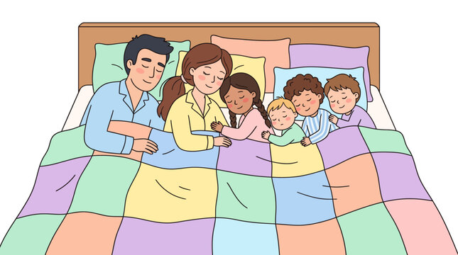 A family of six snuggled up together.